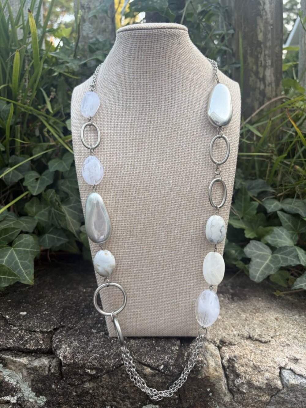 Silver Tone Faux Marble Stone Lucite Mixed Bead Station Long Necklace Modern Y2K